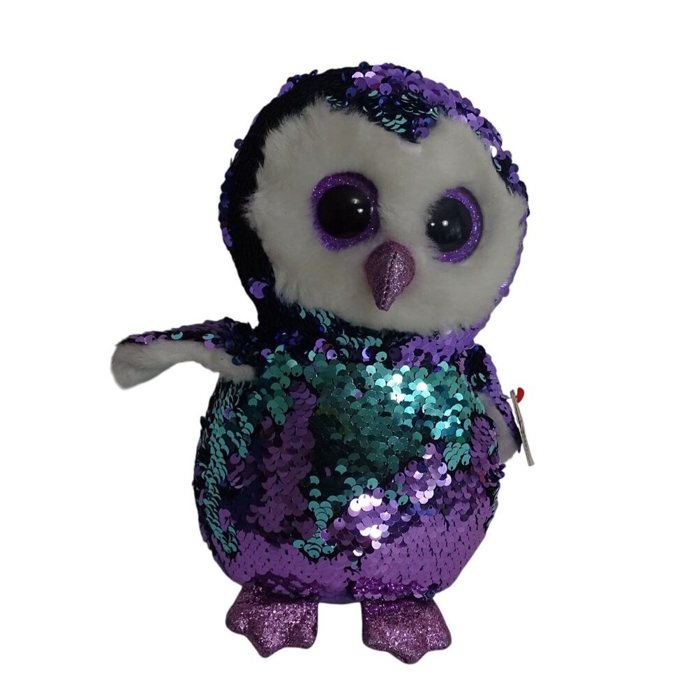 Ty Flippables Moonlight Owl Sequin Purple Green Stuffed Animal Plush Soft Toy 9"